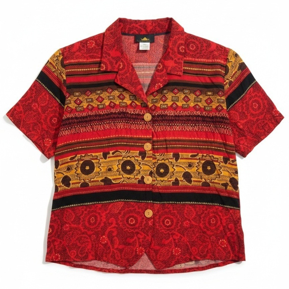 Karibo Red Multi Pattern Rayon Short Sleeve Button Up Shirt, Women's XL, 1M179C